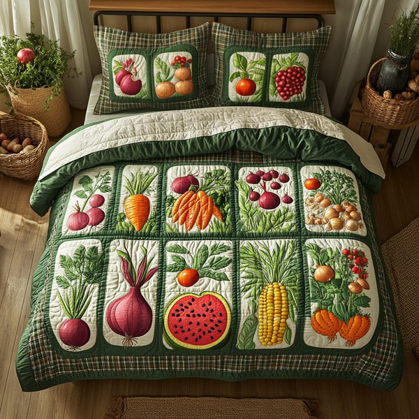 Garden Harvest quilted 3-piece bedding set on a made bed with two matching pillow shams
