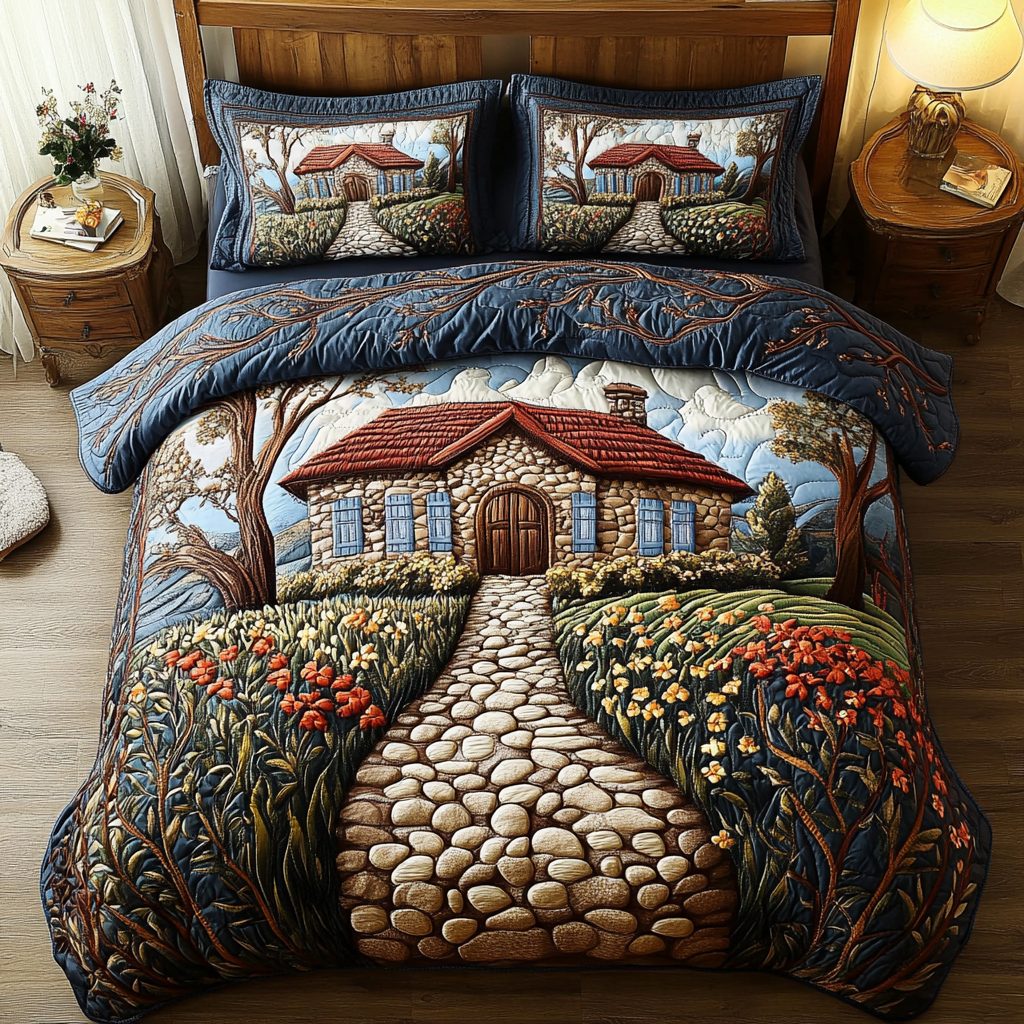 Garden Haven quilted 3-piece bedding set on a made bed with two matching pillow shams