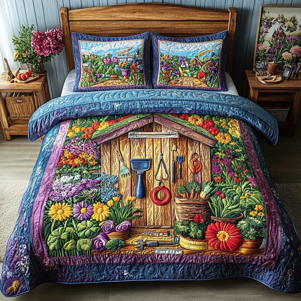 Garden Haven quilted 3-piece bedding set on a made bed with two matching pillow shams