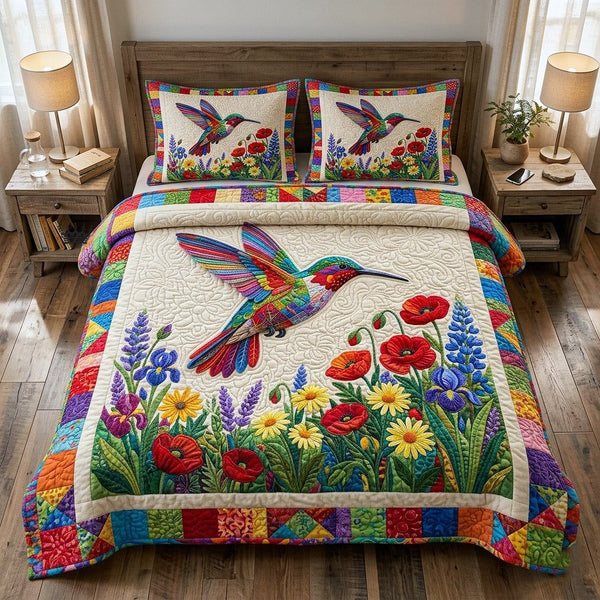 Garden Hover quilted 3-piece bedding set on a made bed with two matching pillow shams