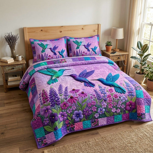 Garden Hover quilted 3-piece bedding set on a made bed with two matching pillow shams