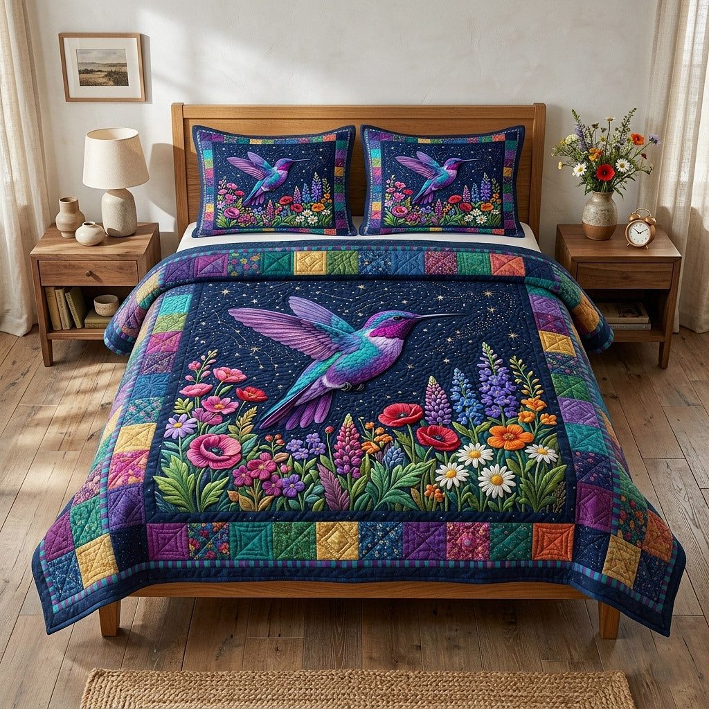 Garden Hover quilted 3-piece bedding set on a made bed with two matching pillow shams