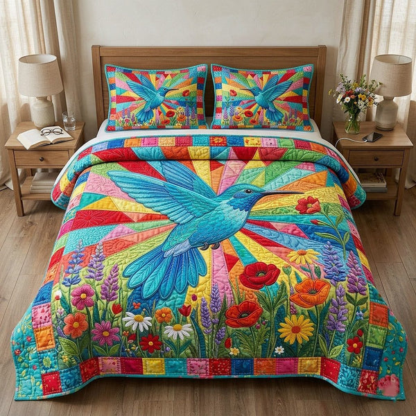 Garden Hover quilted 3-piece bedding set on a made bed with two matching pillow shams