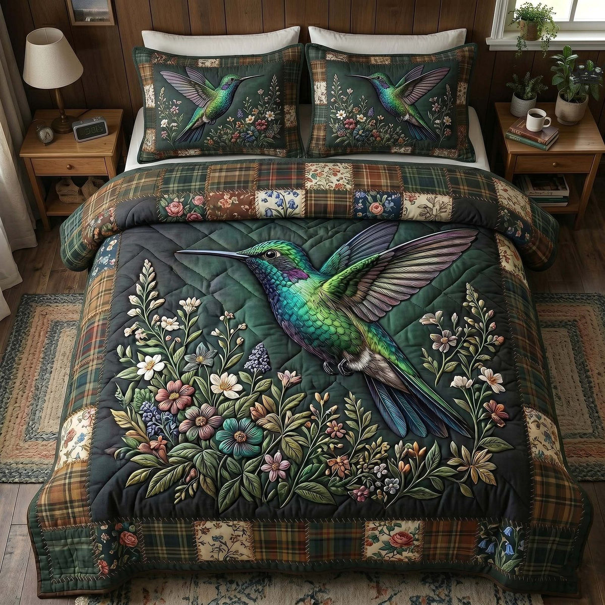 Garden Hummer quilted 3-piece bedding set on a made bed with two matching pillow shams