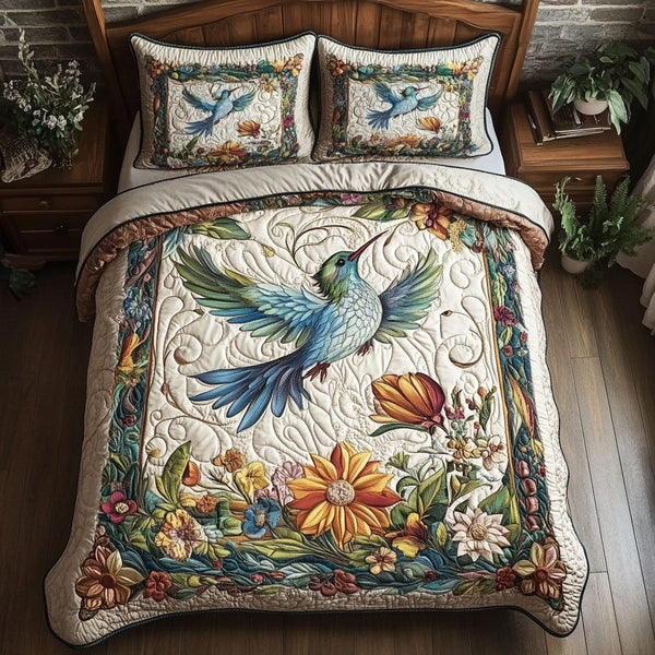 Garden Jewel quilted 3-piece bedding set on a made bed with two matching pillow shams