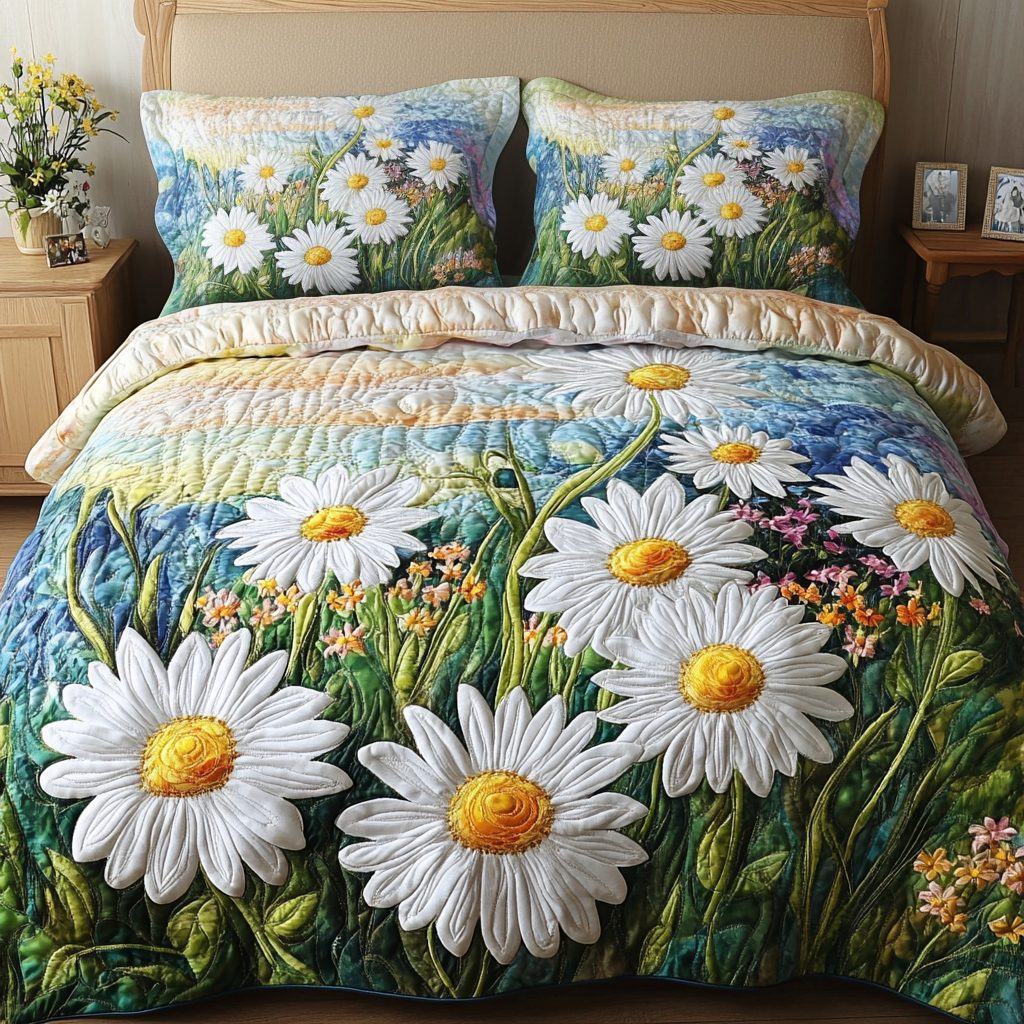 Garden Joy quilted 3-piece bedding set on a made bed with two matching pillow shams