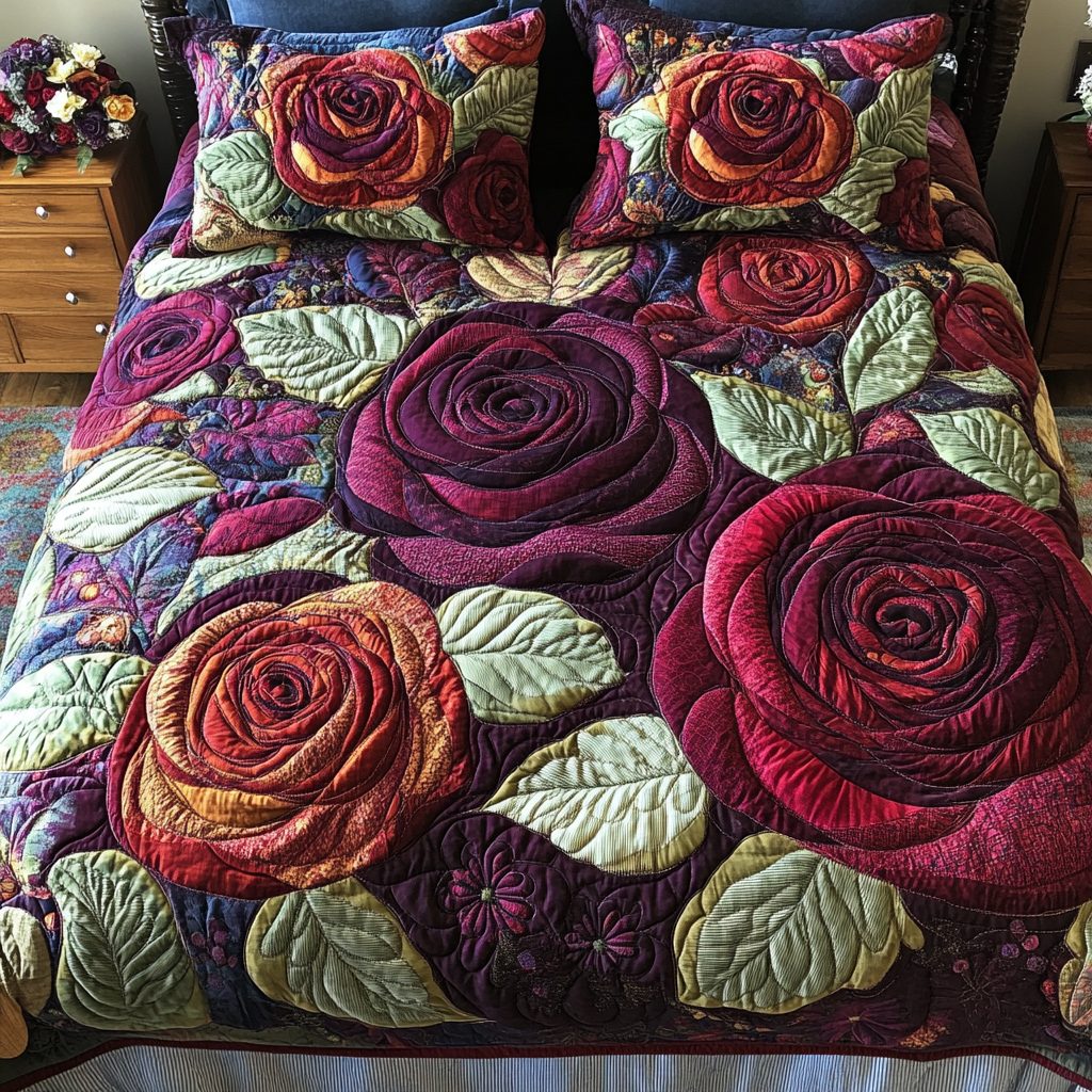Garden Kiss quilted 3-piece bedding set on a made bed with two matching pillow shams