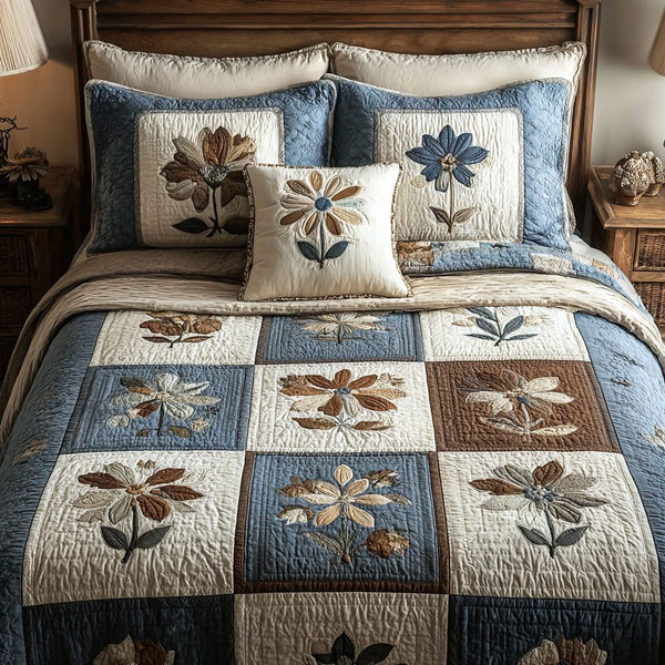 Garden Lines quilted 3-piece bedding set on a made bed with two matching pillow shams