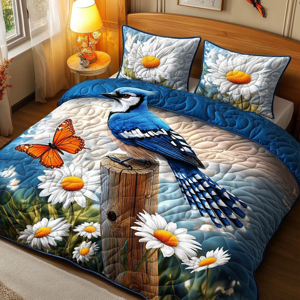Garden Melody quilted 3-piece bedding set on a made bed with two matching pillow shams