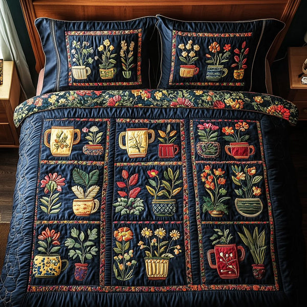 Garden Mugs quilted 3-piece bedding set on a made bed with two matching pillow shams