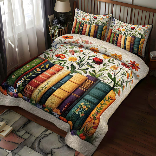 Garden Of Books quilted 3-piece bedding set on a made bed with two matching pillow shams