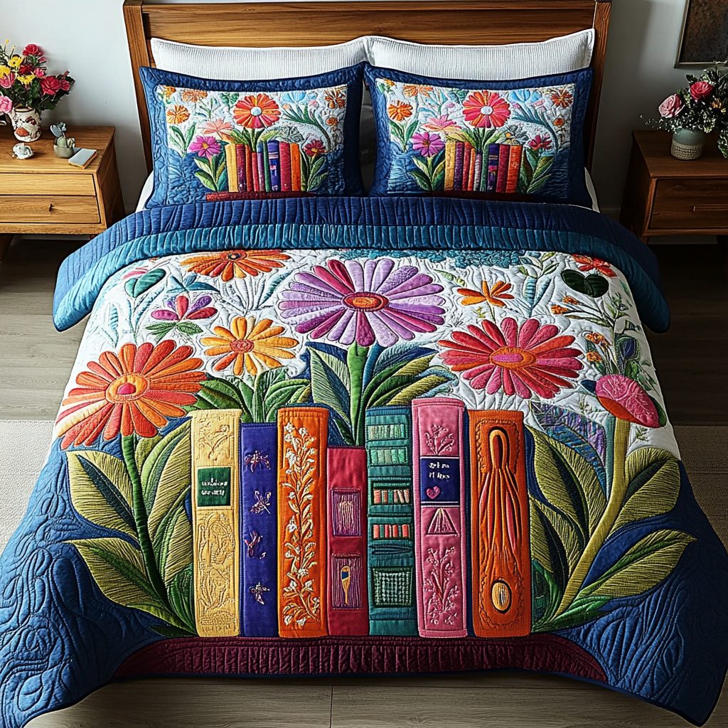 Garden of Books quilted 3-piece bedding set on a made bed with two matching pillow shams