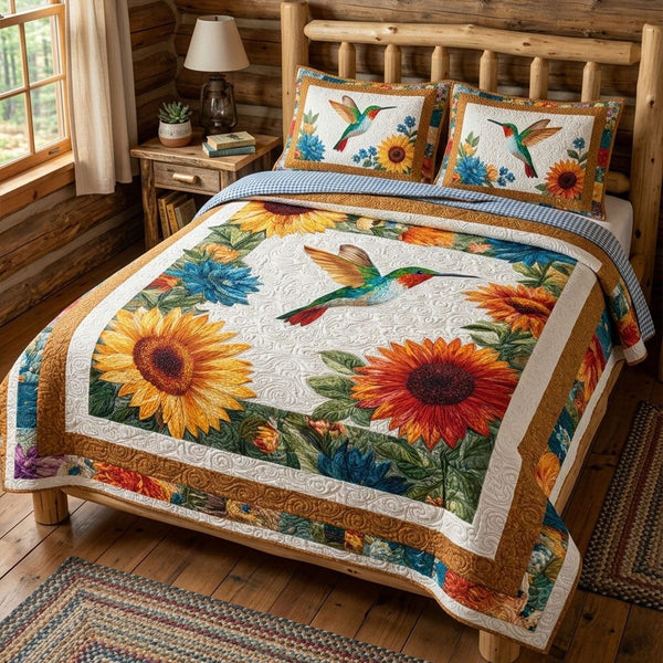 Garden of Graceful Wings quilted 3-piece bedding set on a made bed with two matching pillow shams