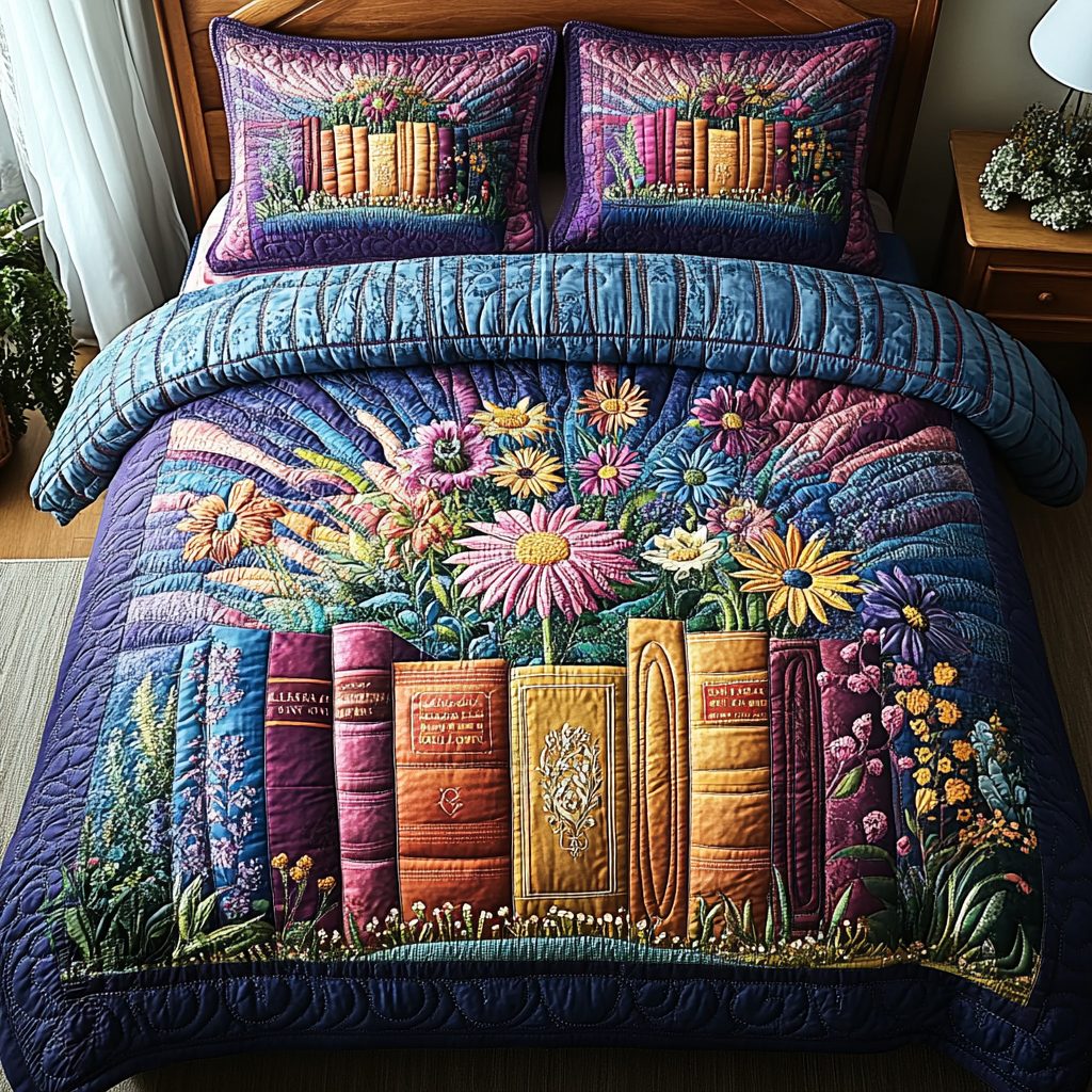 Garden of Pages quilted 3-piece bedding set on a made bed with two matching pillow shams