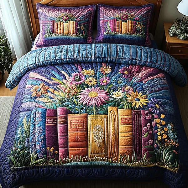 Garden of Pages quilted 3-piece bedding set on a made bed with two matching pillow shams