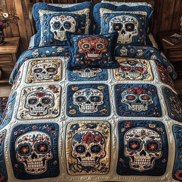 Garden of Skulls quilted 3-piece bedding set on a made bed against a dark styled interior