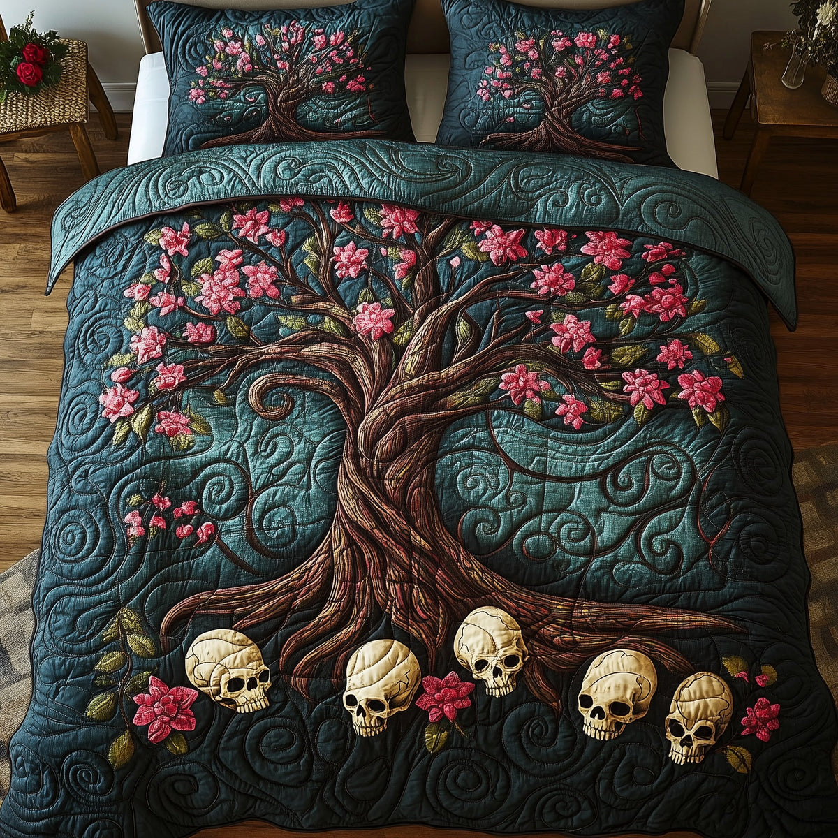 Garden of Soul quilted 3-piece bedding set on a made bed with two matching pillow shams