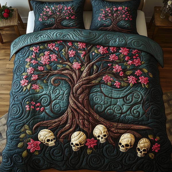 Garden of Soul quilted 3-piece bedding set on a made bed with two matching pillow shams