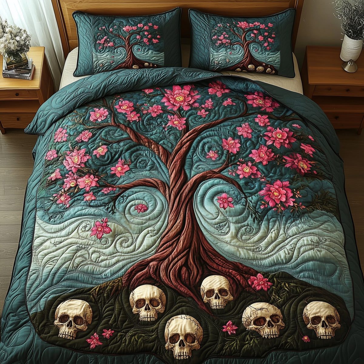 Garden of Soul quilted 3-piece bedding set on a made bed with two matching pillow shams