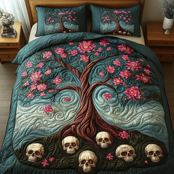 Garden of Soul quilted 3-piece bedding set on a made bed with two matching pillow shams