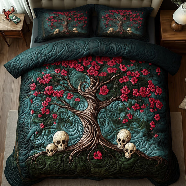 Garden of Soul quilted 3-piece bedding set on a made bed with two matching pillow shams