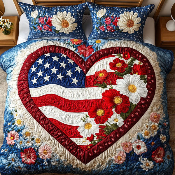Garden of Stars quilted 3-piece bedding set on a made bed with two matching pillow shams