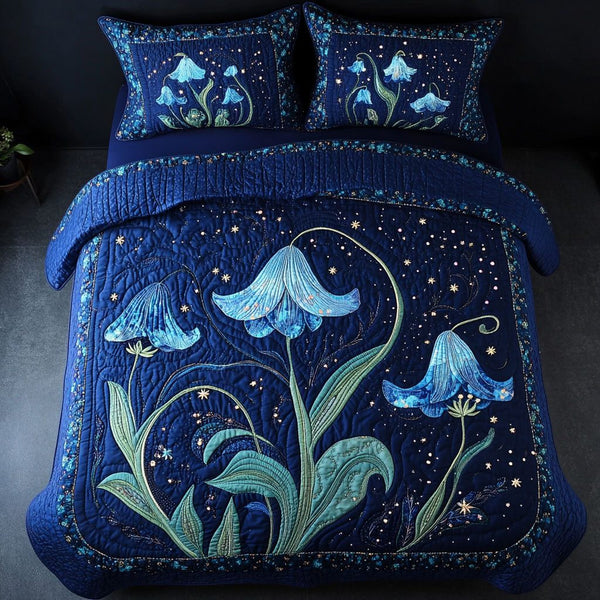 Garden of Stars quilted 3-piece bedding set on a made bed with two matching pillow shams