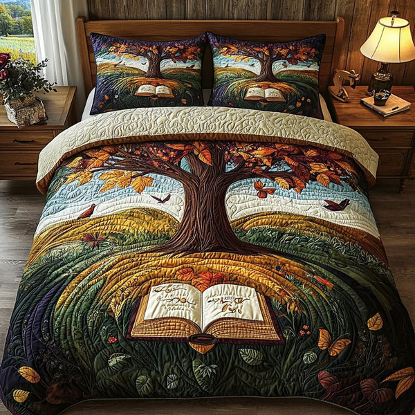 Garden of Words quilted 3-piece bedding set on a made bed with two matching pillow shams