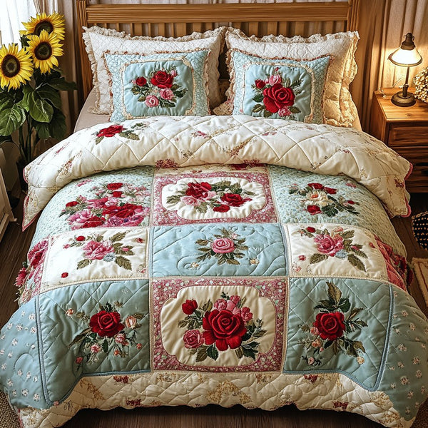 Garden Patch quilted 3-piece bedding set on a made bed with two matching pillow shams
