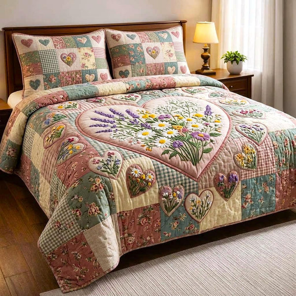 Garden Patchwork quilted 3-piece bedding set on a made bed in a farmhouse bedroom