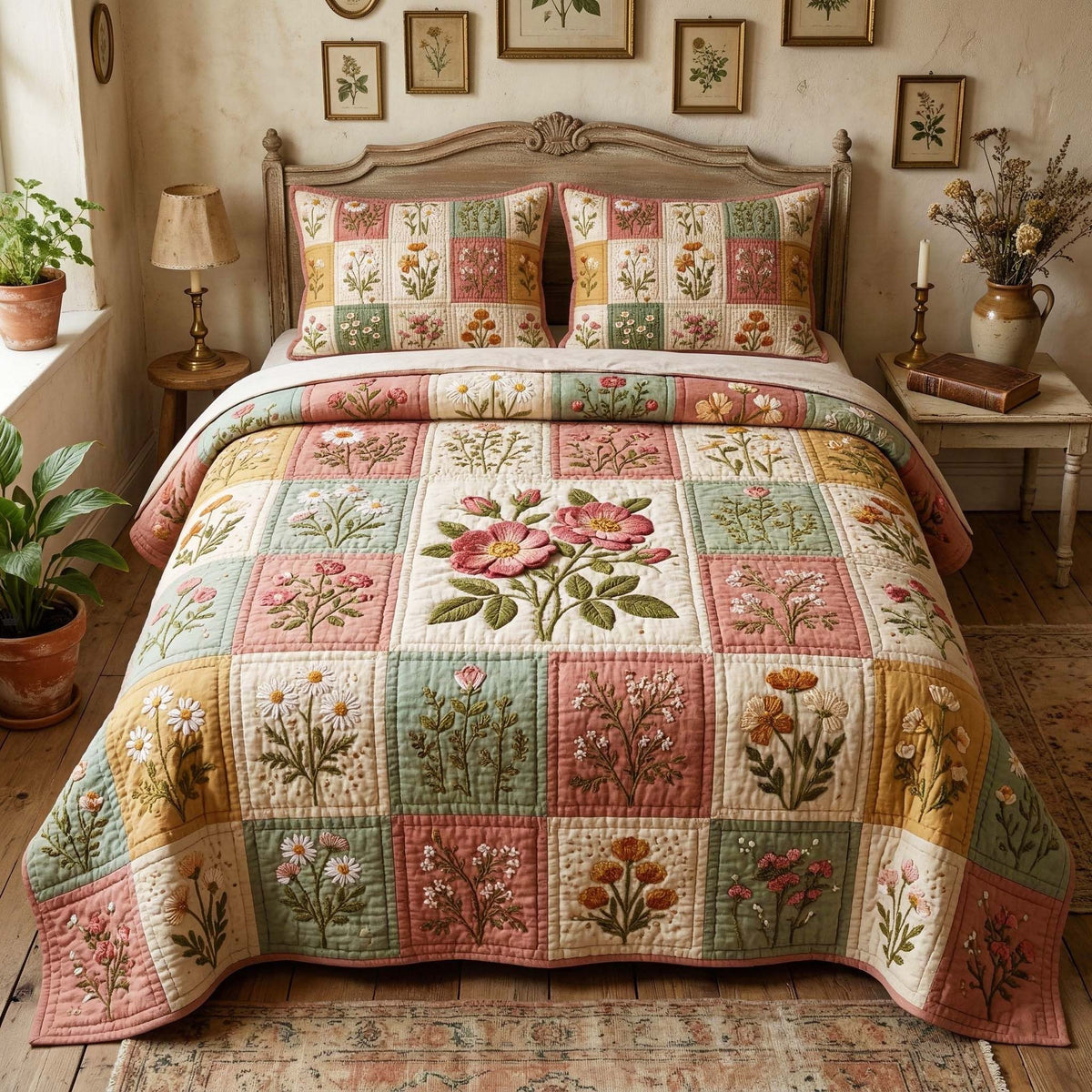 Garden Patchwork quilted 3-piece bedding set on a made bed in a farmhouse bedroom