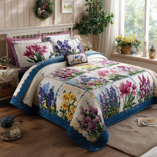 Garden Patchwork quilted 3-piece bedding set on a made bed in a farmhouse bedroom