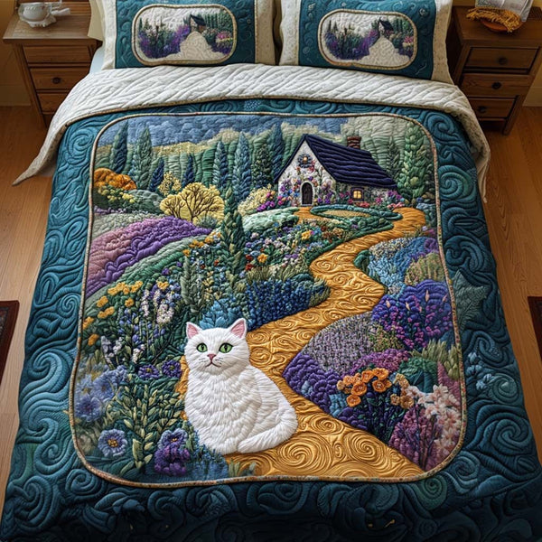 Garden Path Cat quilted 3-piece bedding set on a made bed with two matching pillow shams