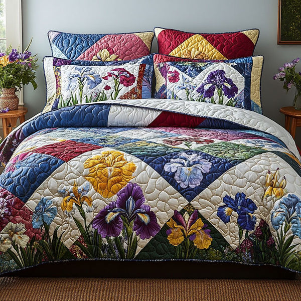 Garden Path quilted 3-piece bedding set on a made bed with two matching pillow shams