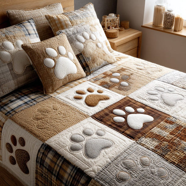 Garden Paws quilted 3-piece bedding set on a made bed with two matching pillow shams