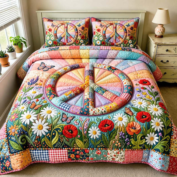 Garden Peace quilted 3-piece bedding set on a made bed with two matching pillow shams