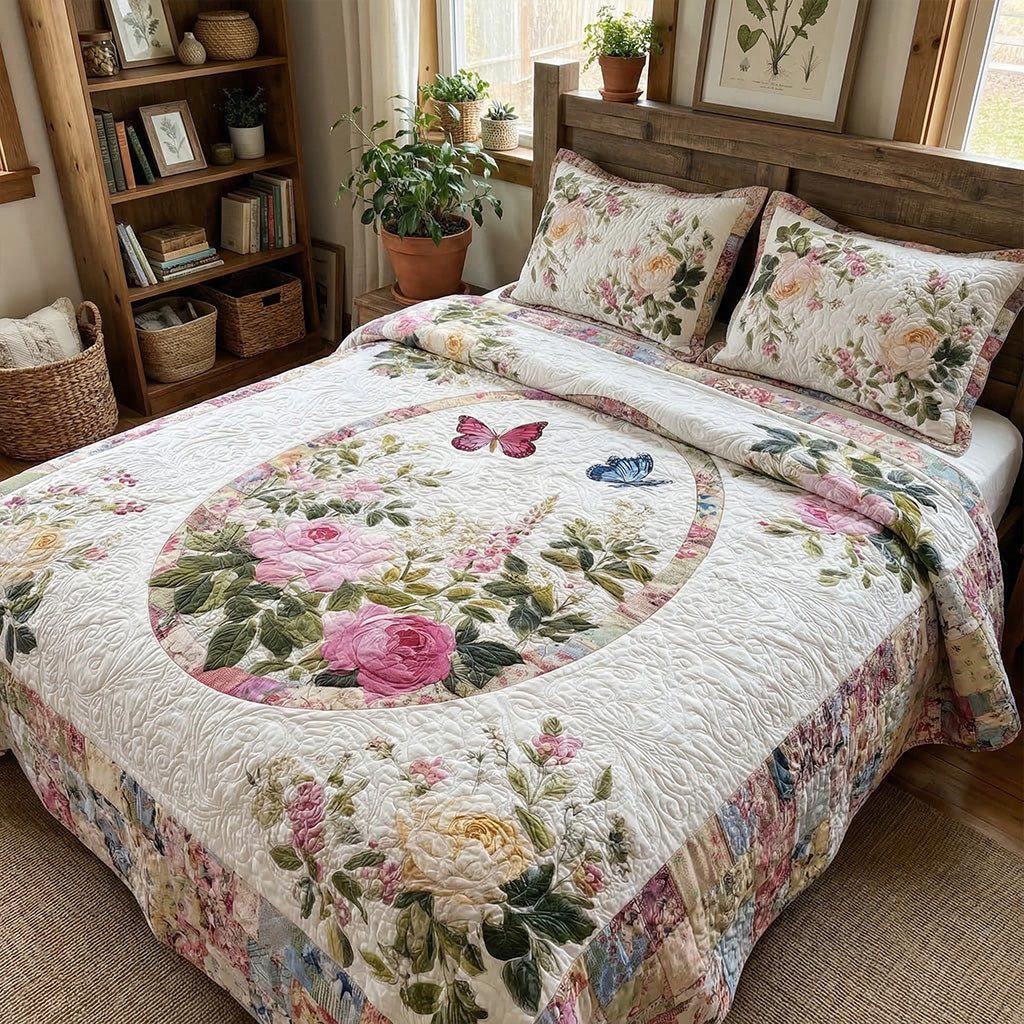 Garden Petal Bliss quilted 3-piece bedding set on a made bed with two matching pillow shams
