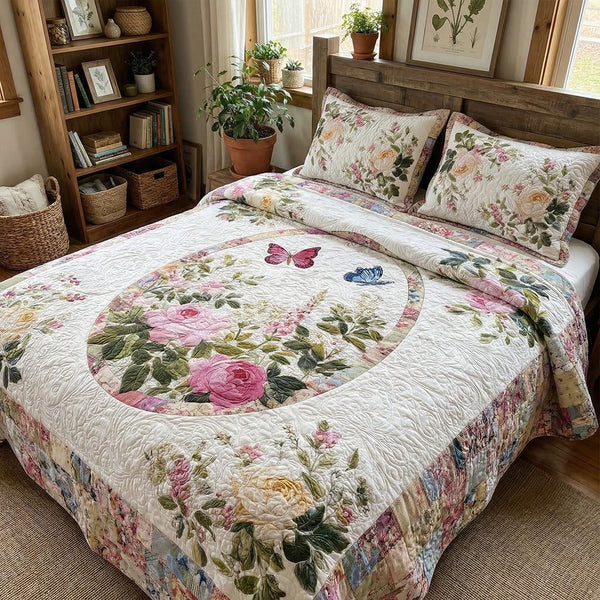 Garden Petal Bliss quilted 3-piece bedding set on a made bed with two matching pillow shams