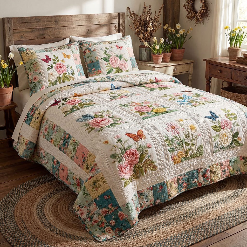 Garden Petal Symphony quilted 3-piece bedding set on a made bed with two matching pillow shams