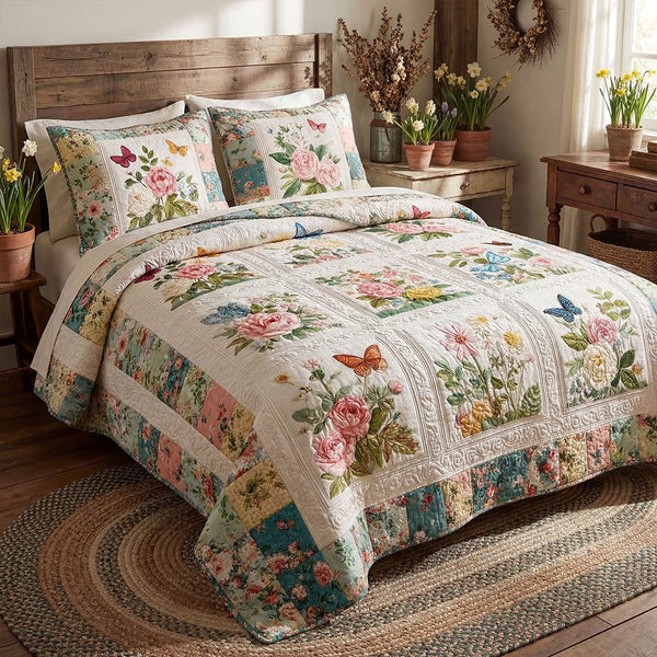 Garden Petal Symphony quilted 3-piece bedding set on a made bed with two matching pillow shams