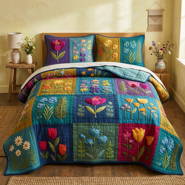 Garden Quilt quilted 3-piece bedding set on a made bed with two matching pillow shams
