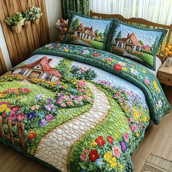 Garden quilted 3-piece bedding set on a made bed with two matching pillow shams