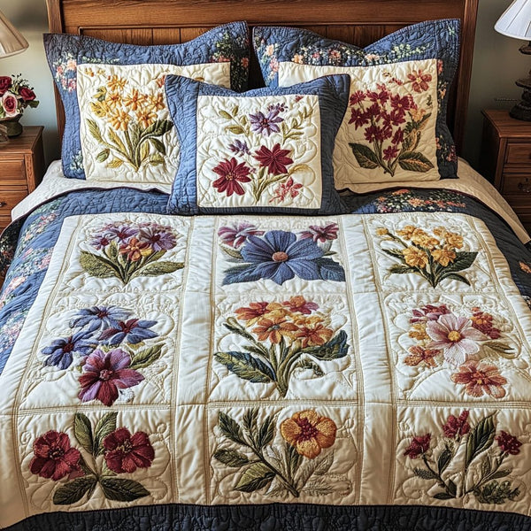 Garden Serenity quilted 3-piece bedding set on a made bed with two matching pillow shams