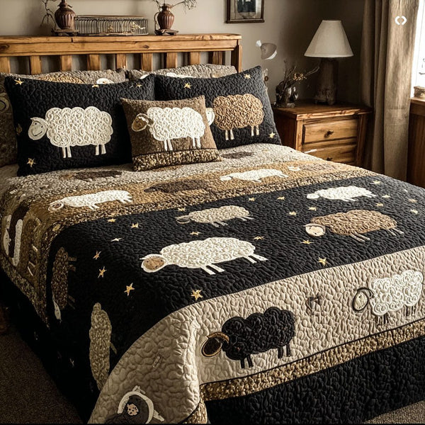 Garden Sheep quilted 3-piece bedding set on a made bed with two matching pillow shams