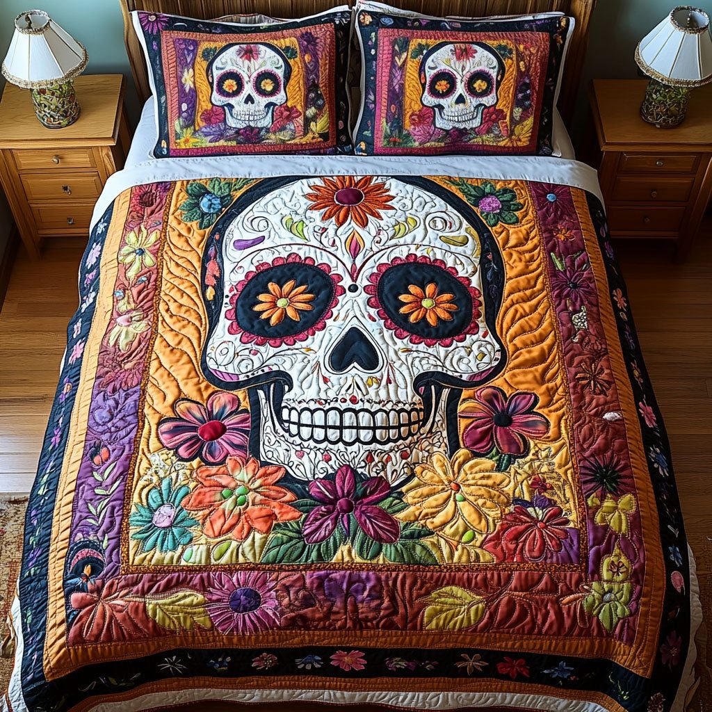 Garden Skull quilted 3-piece bedding set on a made bed against a dark styled interior