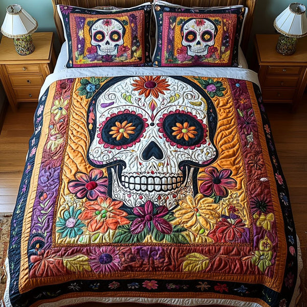 Garden Skull quilted 3-piece bedding set on a made bed against a dark styled interior