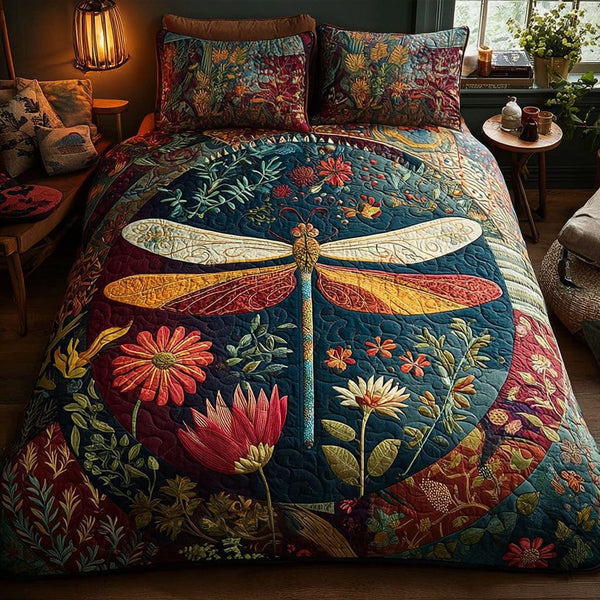 Garden Sprite quilted 3-piece bedding set on a made bed with two matching pillow shams