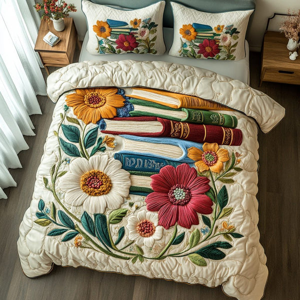 Garden Stories quilted 3-piece bedding set on a made bed with two matching pillow shams