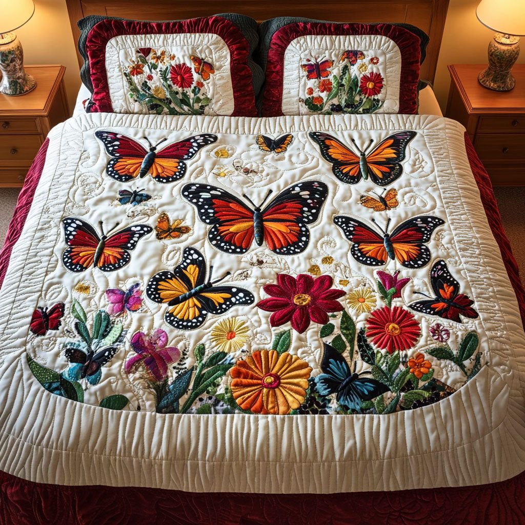 Garden Symphony quilted 3-piece bedding set on a made bed with two matching pillow shams