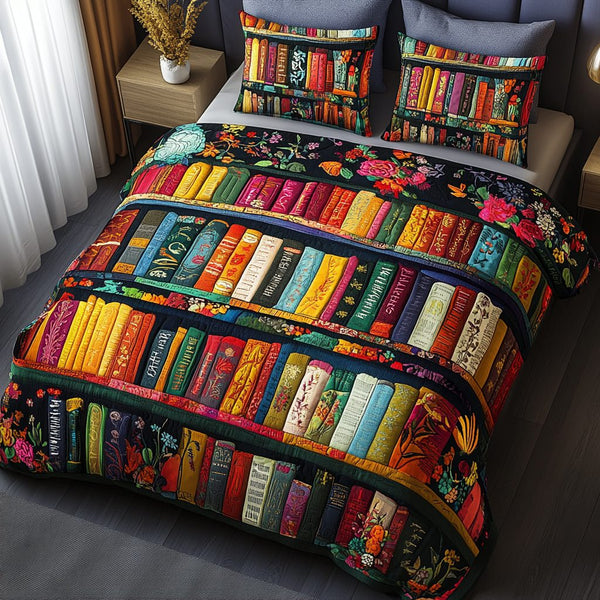 Garden Tales quilted 3-piece bedding set on a made bed with two matching pillow shams